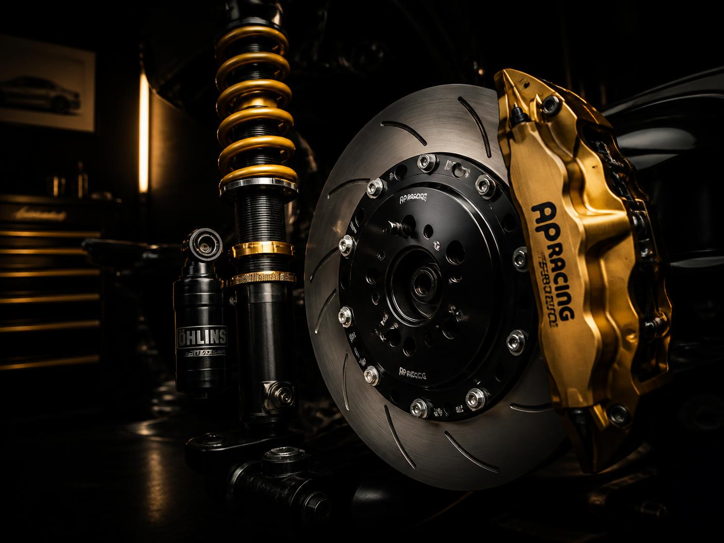 Performance brake rotor with gold caliper beside coilover suspension shocks